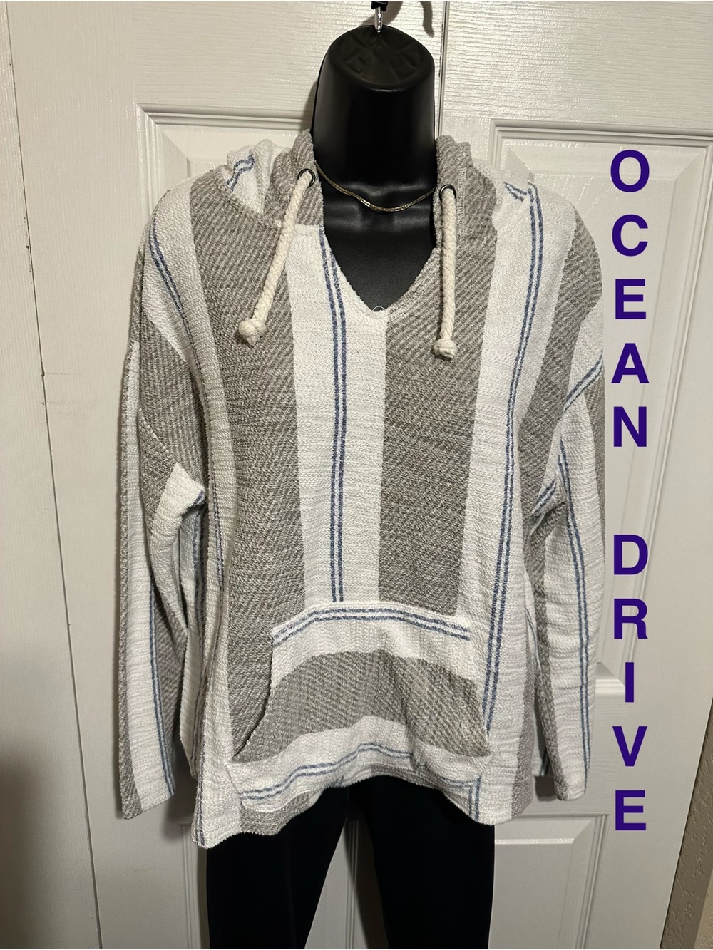 Ocean Drive | Women’s Tan, White & Blue Striped Baja Style Hooded Pullover | XL